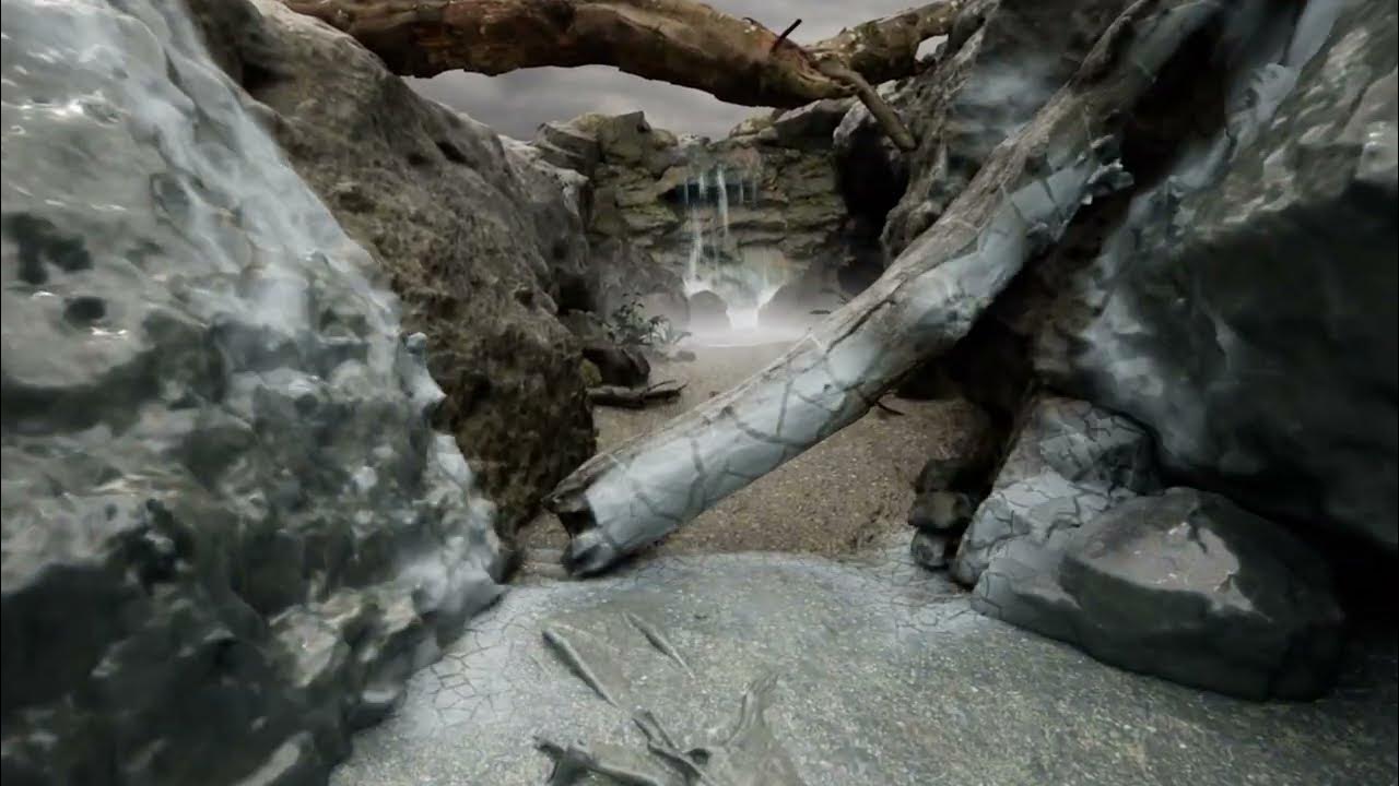 Everwell's frozen rocky valley and waterfall.