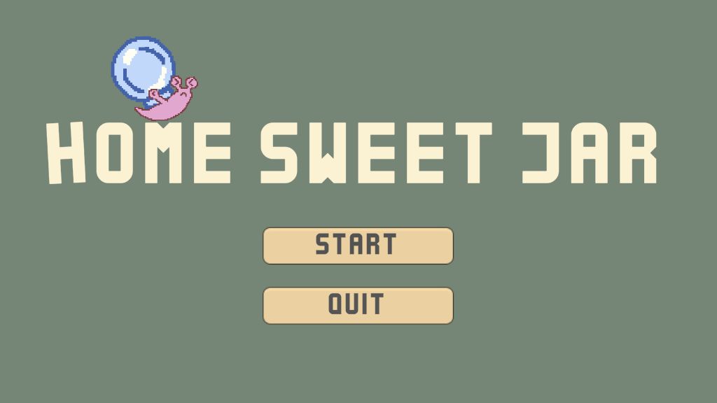 Home Sweet Jar main menu with the game title and snail character.