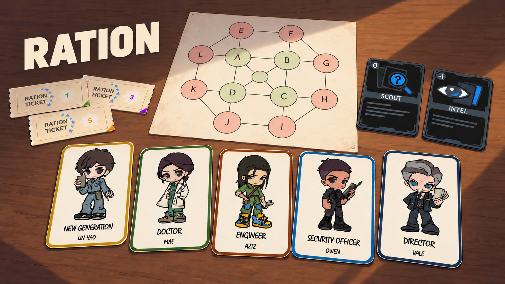 Illustrated Ration tabletop with a dual-ring board, five character cards, two action cards and Ration Tickets.