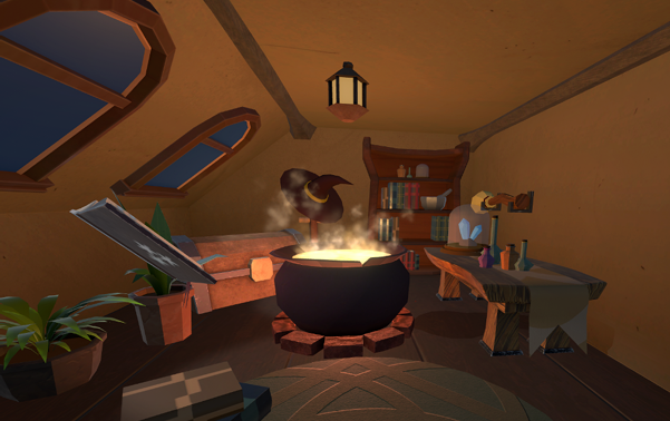 A glowing cauldron, floating wizard hat and books inside The Hidden Wizard Attic.
