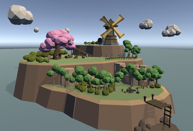 A floating low-poly island with a windmill and trees in When The Wind Returns.